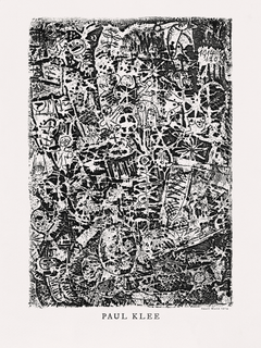 Schwarz-weißes abstraktes Kunstwerk mit komplexen Formen und Mustern.