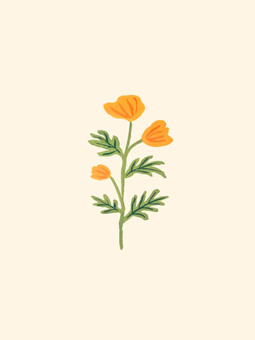 Eine einfache Illustration einer kleinen gelben Blume mit grünen Blättern auf cremefarbenem Hintergrund.