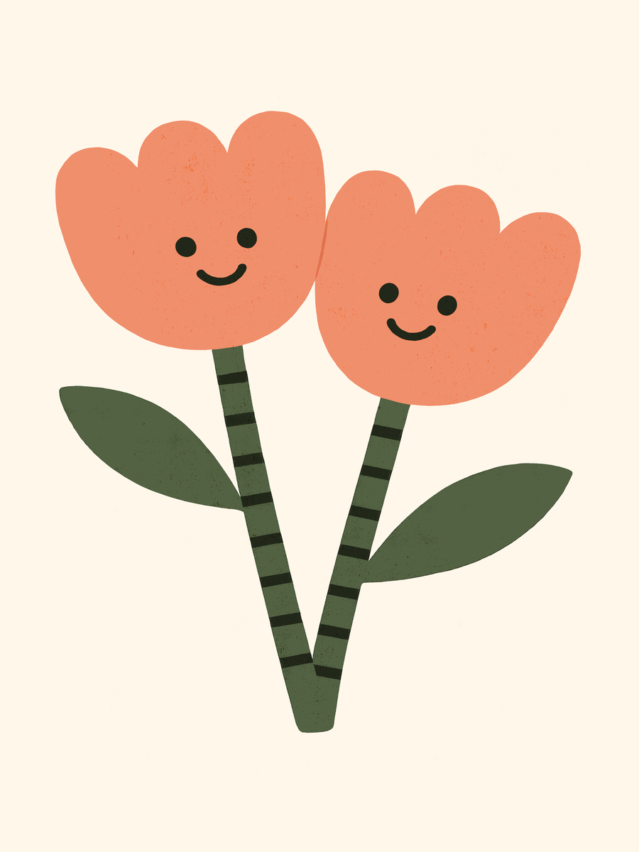 Zwei lächelnde Blumen auf einem hellen Hintergrund.