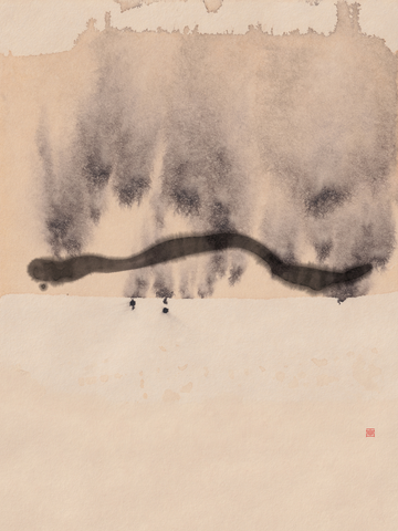 Schwarz-weiße Darstellung einer Schlange auf beigem Hintergrund, inspiriert von asiatischer Kunst.