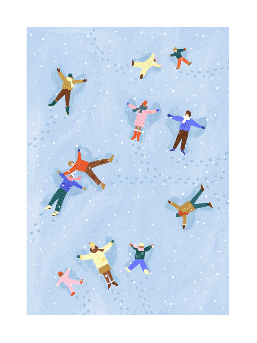 Illustration von Menschen, die im Schnee Engel machen.