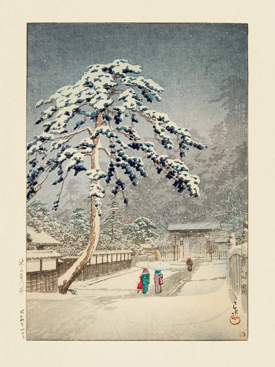 Japanische Landschaft mit Schnee und Menschen in traditionellen Gewändern.
