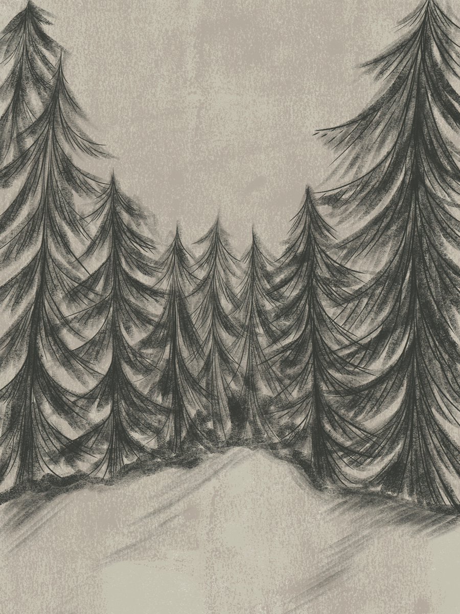 Illustration einer verschneiten Waldlandschaft mit Tannenbäumen im Vintage-Stil.