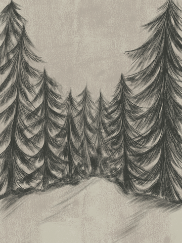 Illustration einer verschneiten Waldlandschaft mit Tannenbäumen im Vintage-Stil.
