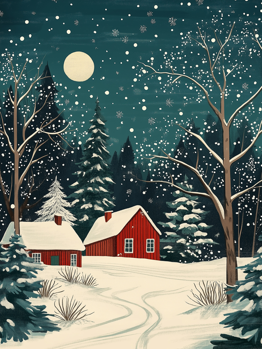 Verschneite Winterlandschaft mit rotem Haus und Bäumen unter einem Nachthimmel mit Vollmond.