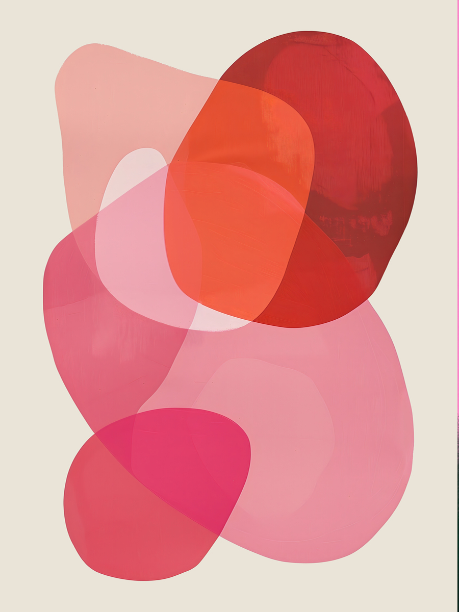 Grafische Illustration mit abstrakten Formen in Rot und Pink auf hellbeigem Hintergrund.