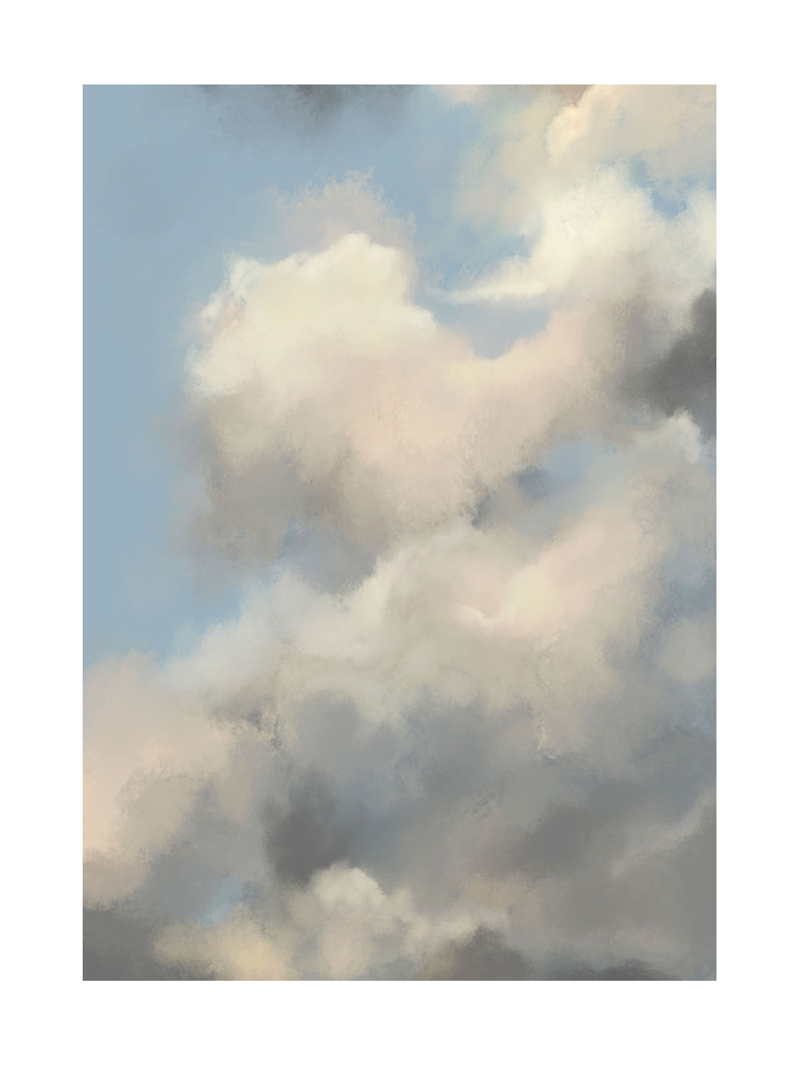 Weiche Wolken in Beige- und Grautönen vor einem blauen Himmel.