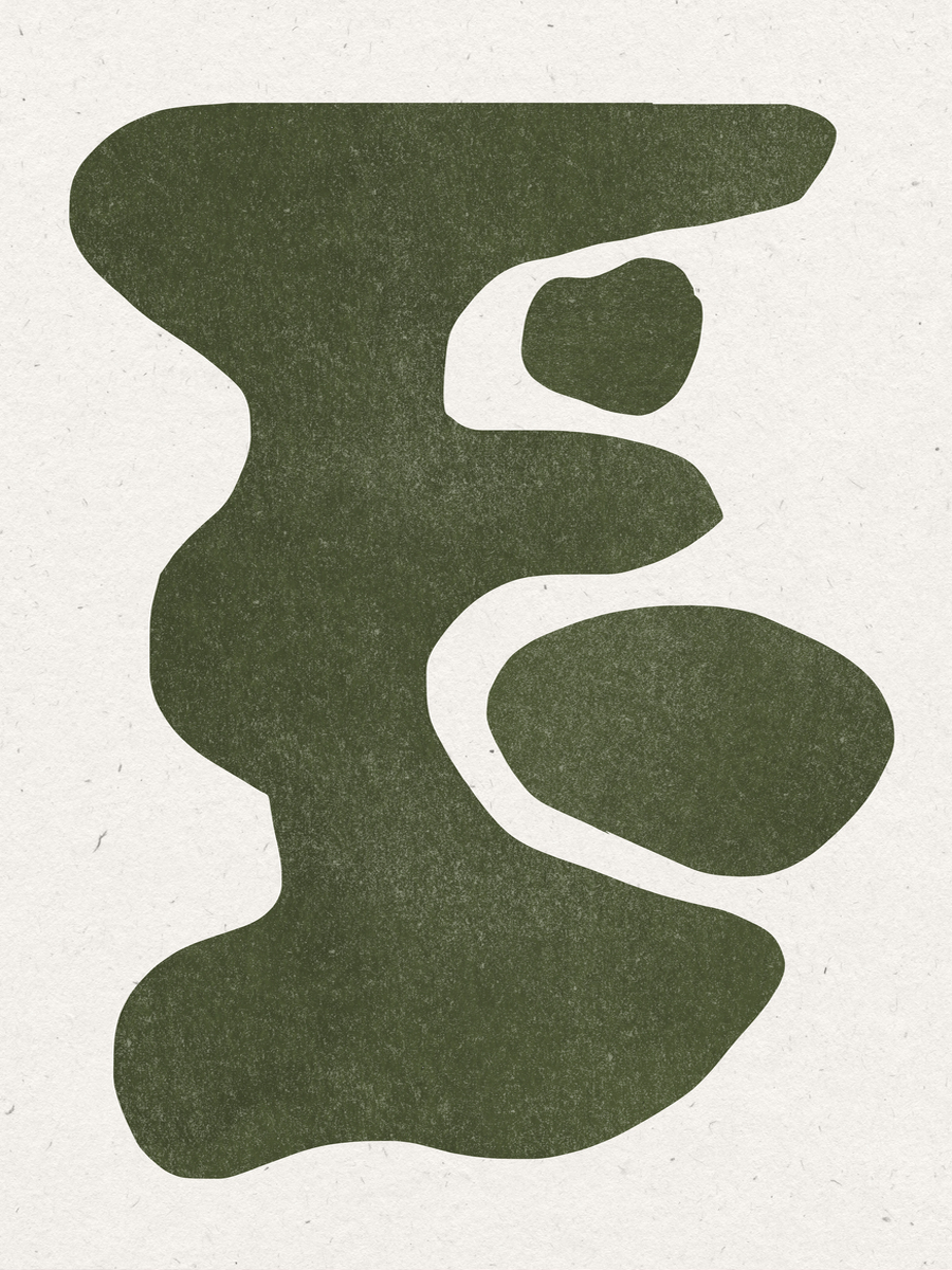 Grafik mit abstrakten grünen Formen auf hellem Hintergrund.