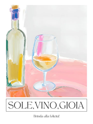 Illustration einer Weinflasche und eines Weinglases mit den Worten "Sole, Vino, Gioia".