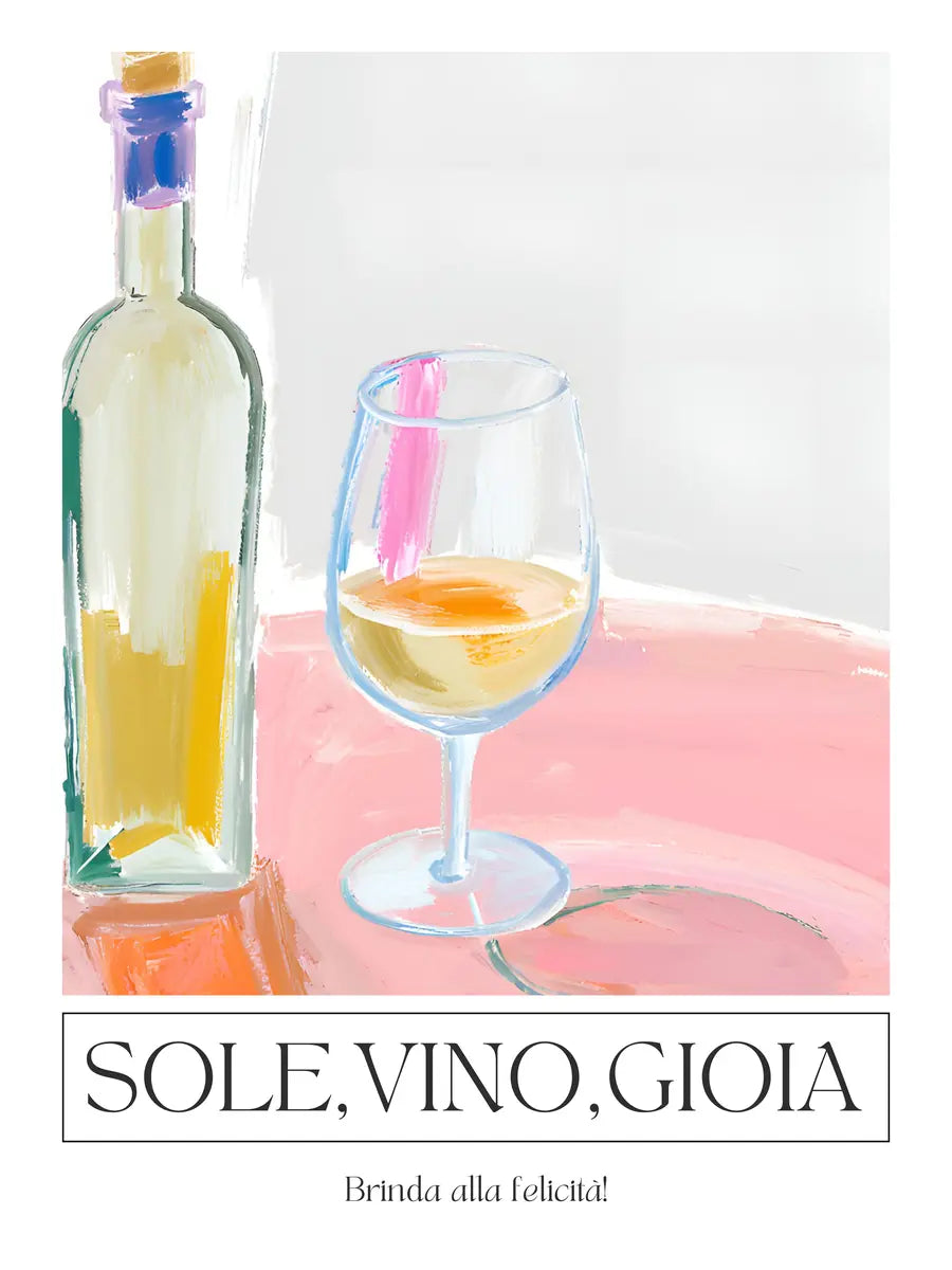 Illustration einer Weinflasche und eines Weinglases mit den Worten "Sole, Vino, Gioia".