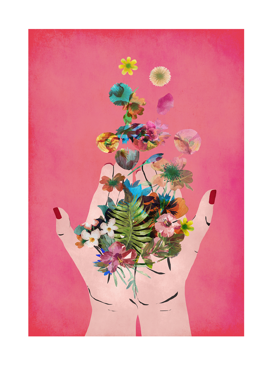 Zwei Hände halten ein Bouquet aus bunten Blumen vor einem rosa Hintergrund.