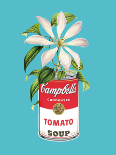 Illustration einer weißen Blume in einer Tomatensuppendose vor einem türkisfarbenen Hintergrund.