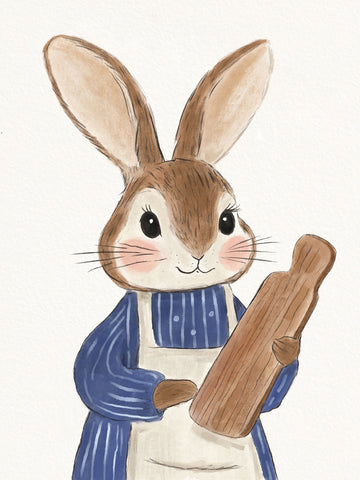 Illustration eines Hasen in blauer Jacke und weißer Schürze mit Nudelholz.