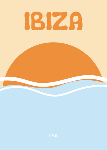 Grafische Darstellung eines Sonnenuntergangs mit dem Text "Ibiza" und "Spain".