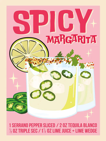 Illustration eines Spicy Margarita Rezepts mit zwei Cocktailgläsern, Limettenscheiben und Serrano-Paprika auf rosa Hintergrund.