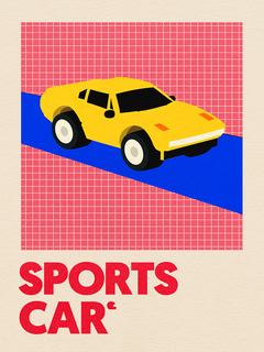 Grafische Illustration eines gelben Sportwagens auf einem rosa karierten Hintergrund.