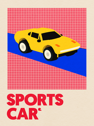 Grafische Illustration eines gelben Sportwagens auf einem rosa karierten Hintergrund.