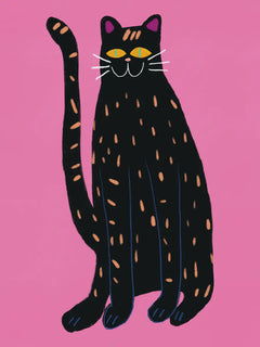 Illustration einer getupften Katze mit gelben Augen auf rosa Hintergrund.