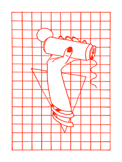 Illustration einer Hand mit Spraydose vor kariertem Hintergrund in Rot.