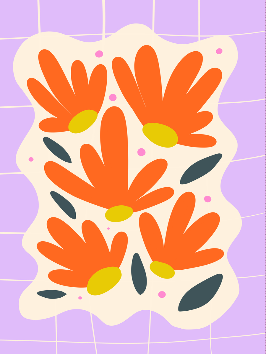 Illustration von orangefarbenen Blumen mit gelber Mitte auf fliederfarbenem Hintergrund.