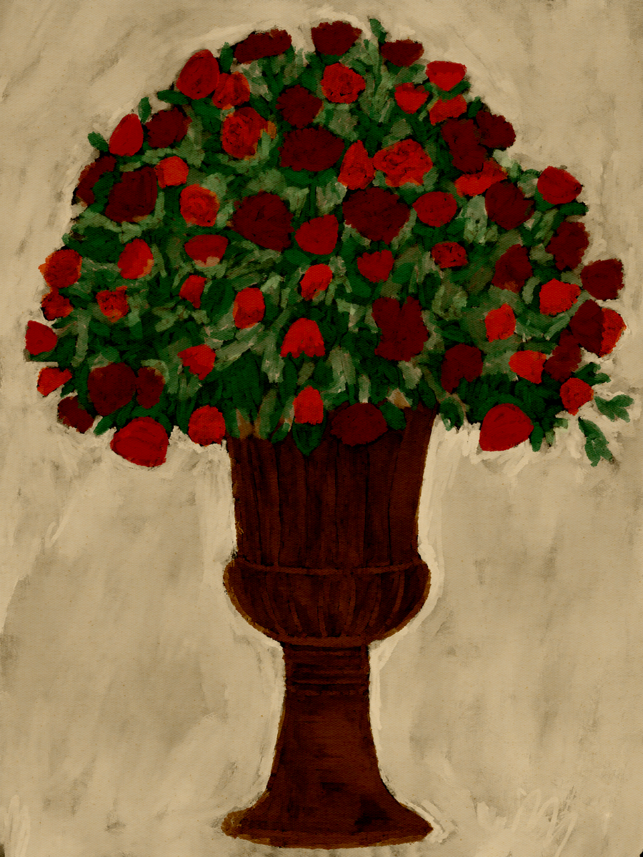 Poster mit einer Vase voller roter Blumen auf einem hellgrauen Hintergrund.