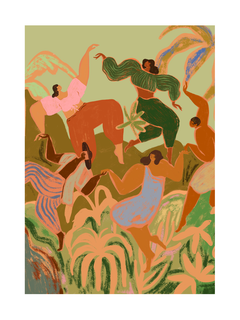 Illustration von Frauen, die in einer grünen Landschaft mit Pflanzen und Palmen tanzen.