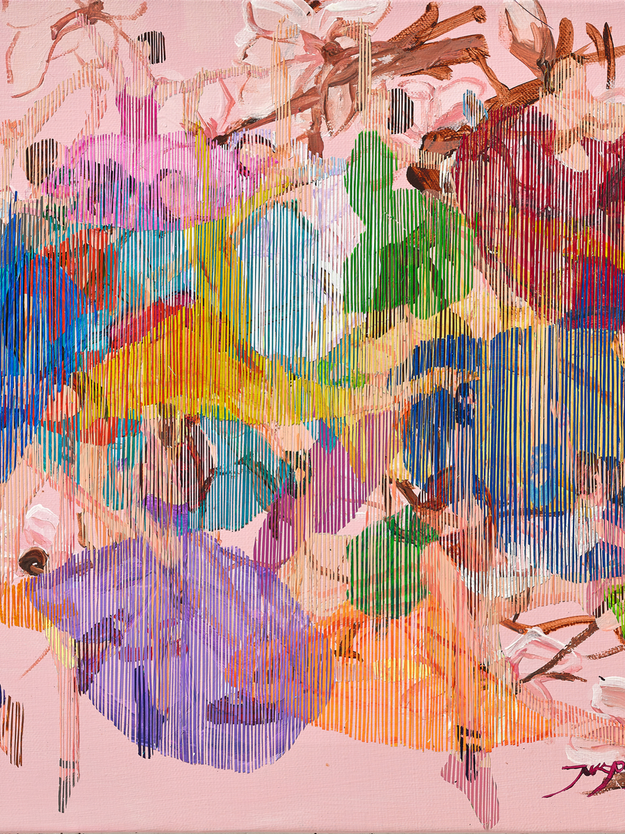 Abstraktes Design in leuchtenden Farben mit ineinander verschlungenen Formen und Linien.