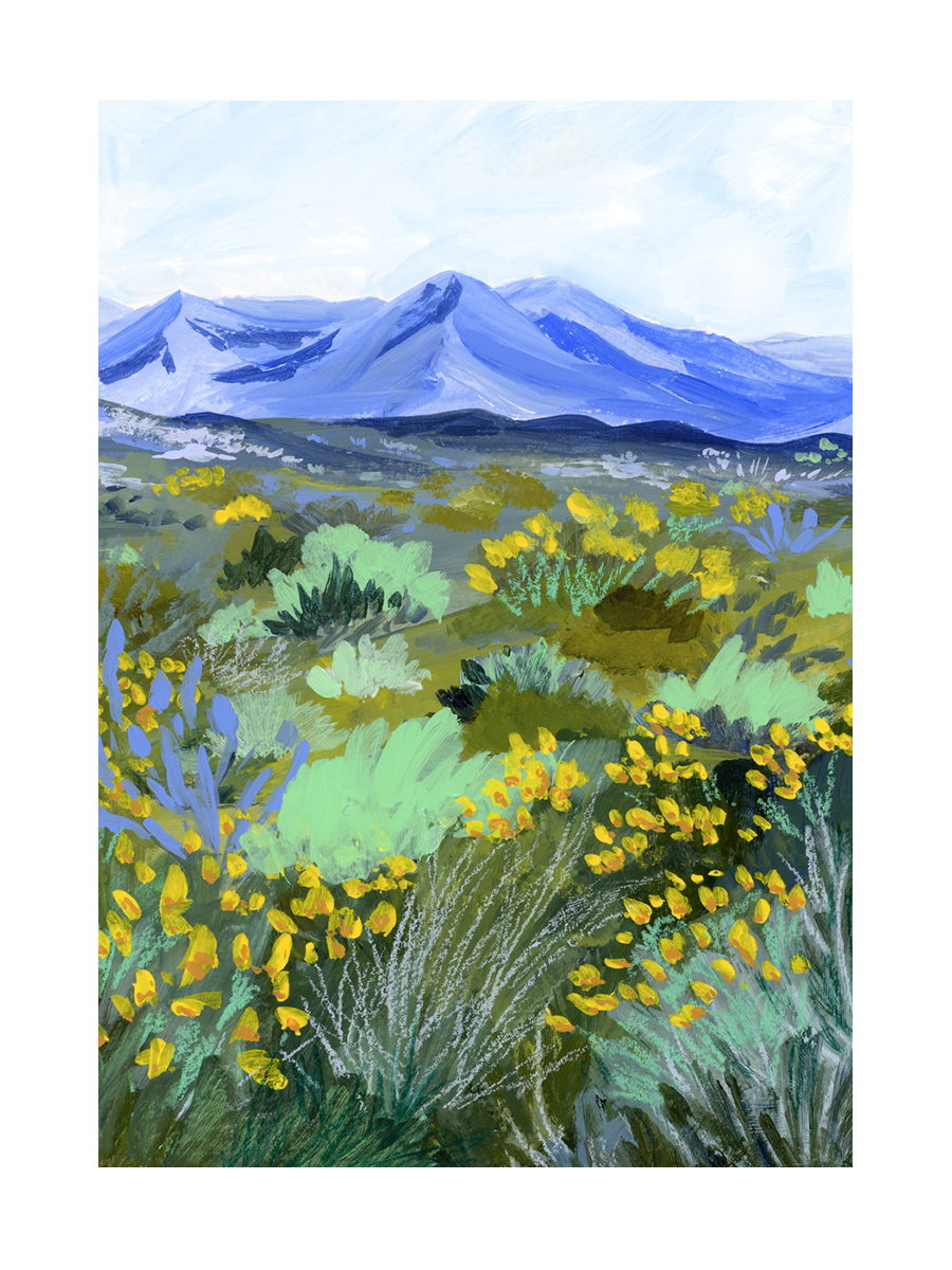 Berglandschaft mit gelben Blumen und grünen Pflanzen, blauen und lila Bergen im Hintergrund, hellblauer Himmel mit weißen Wolken.