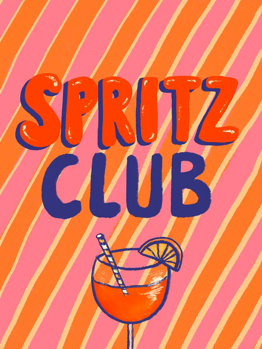 Poster mit einem Aperol Spritz und den Worten "Spritz Club" vor einem gestreiften Hintergrund.