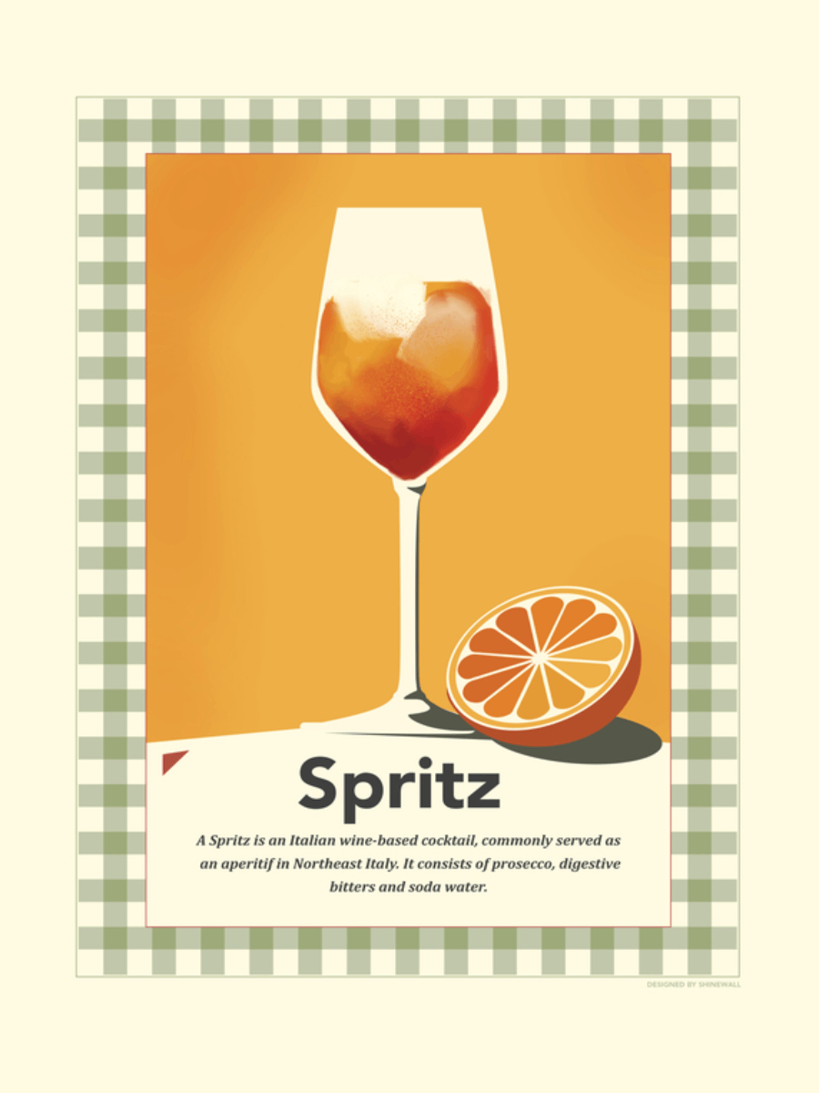 Illustration eines Spritz-Cocktails mit Orangenscheibe auf orangefarbenem Hintergrund mit grünem Karomuster.