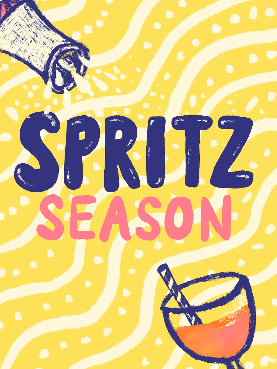 Poster mit dem Text "Spritz Season" in Blau und Pink auf gelbem Hintergrund mit spritzender Flasche und Glas.