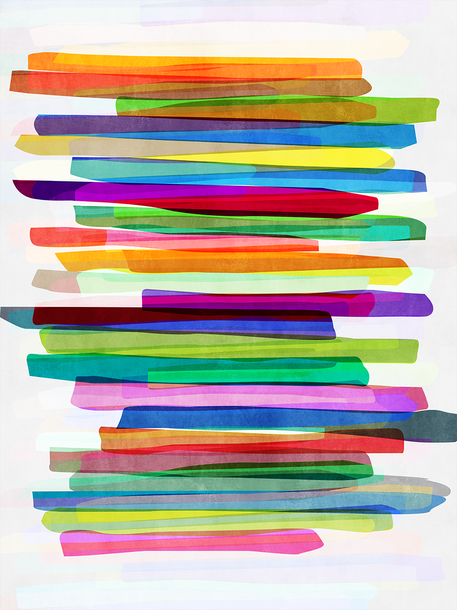 Poster mit horizontalen Streifen in verschiedenen Farben auf weißem Hintergrund.