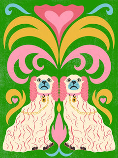 Poster mit zwei weißen Hunden mit rosa Schlappohren vor einem bunten Hintergrund.