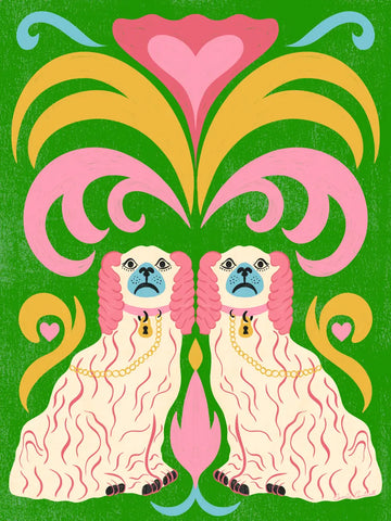 Poster mit zwei weißen Hunden mit rosa Schlappohren vor einem bunten Hintergrund.