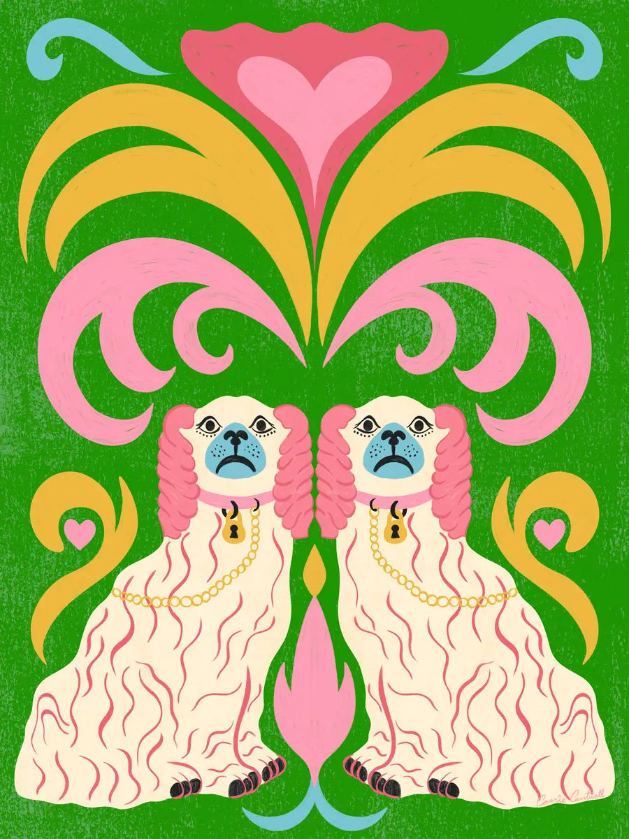 Poster mit zwei weißen Hunden mit rosa Schlappohren vor einem bunten Hintergrund.