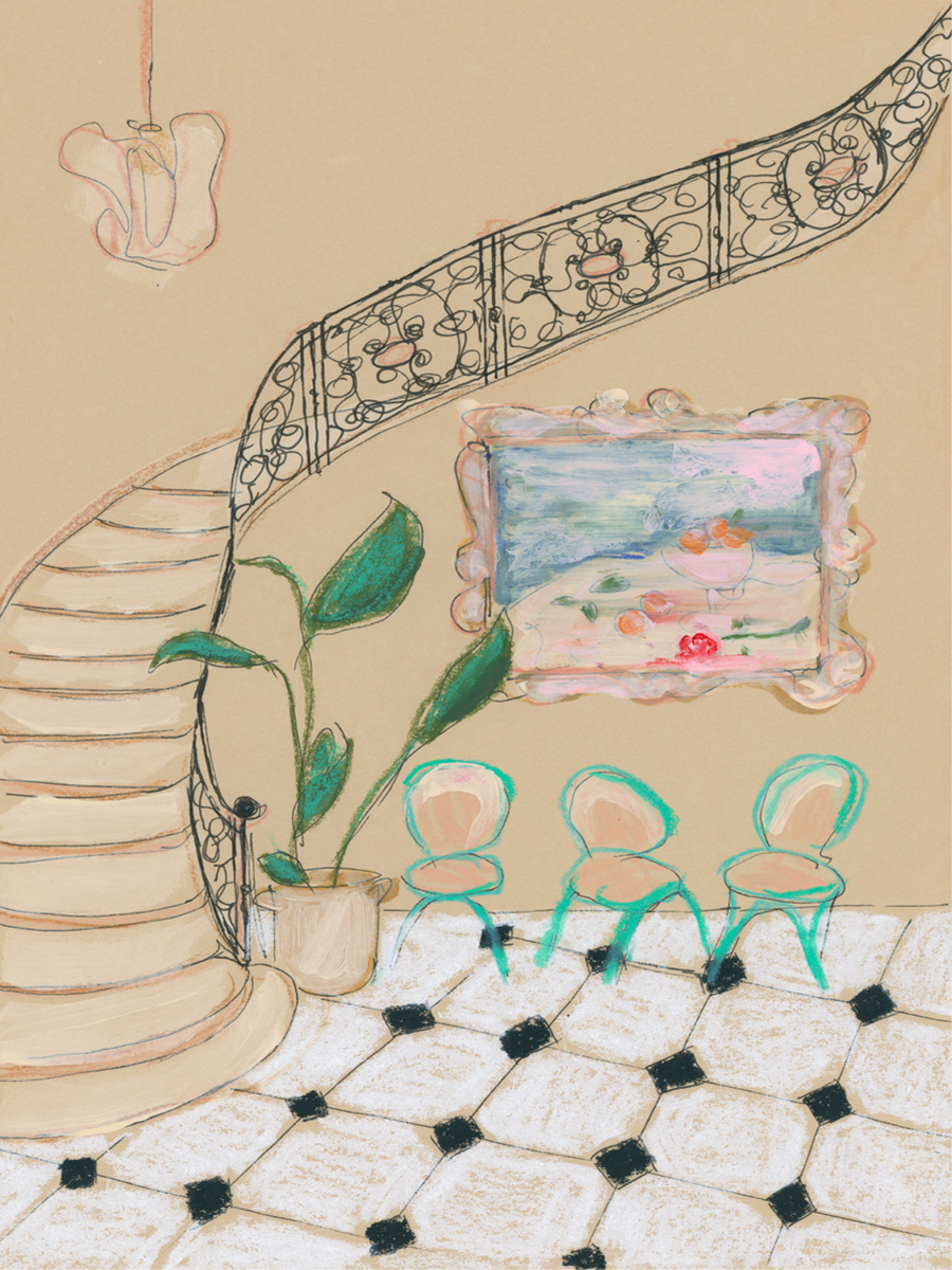 Handgemaltes Poster einer Treppe mit schwarz-weißem Fliesenboden und Pflanze.