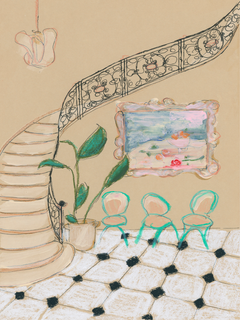 Handgemaltes Poster einer Treppe mit schwarz-weißem Fliesenboden und Pflanze.