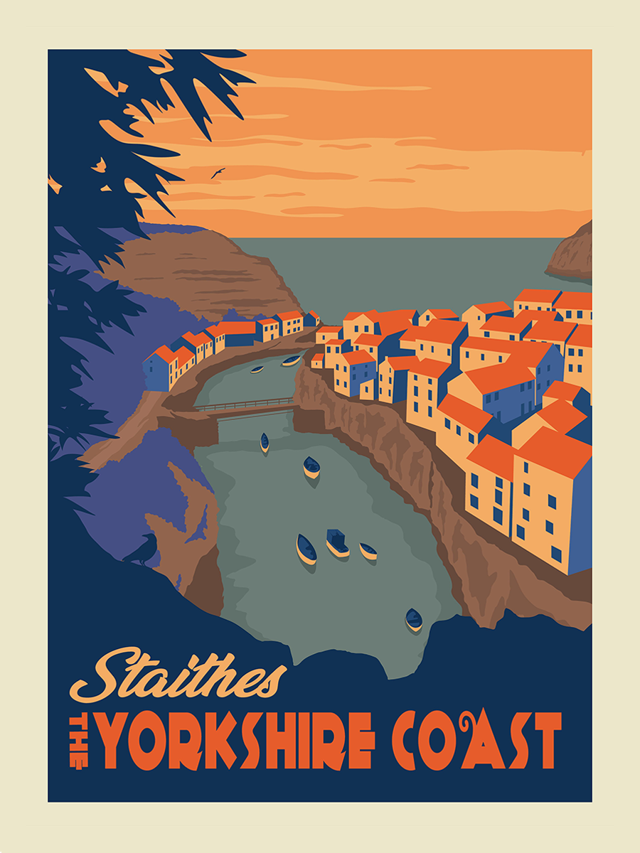 Illustration des Fischerdorfs Staithes an der Yorkshire Coast in Retro-Stil.