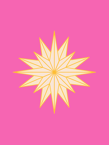 Poster mit einer beige-gelben Sternform auf einem leuchtend rosa Hintergrund.