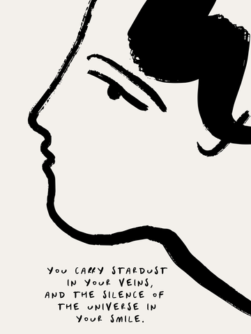 Schwarz-weiß-Illustration eines Gesichts in Seitenansicht mit einem Zitat darunter.