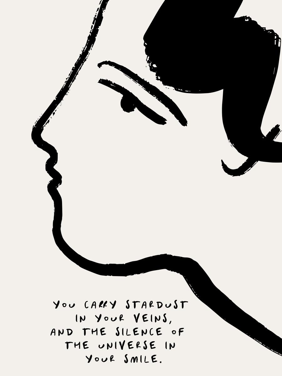 Schwarz-weiß-Illustration eines Gesichts in Seitenansicht mit einem Zitat darunter.