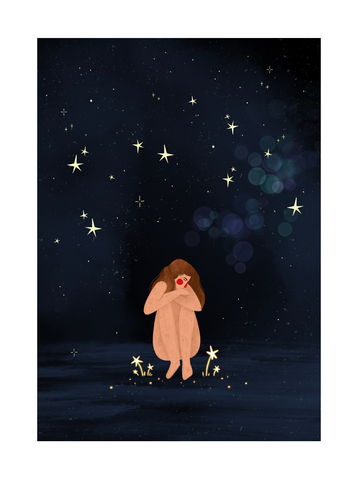 Illustration einer Frau, die in einem Sternenfeld sitzt und nach unten blickt.