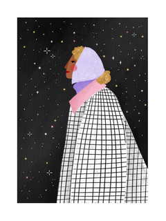 Illustration einer Frau in einem karierten Mantel, die in den Weltraum blickt, mit einem schwarzen Sternenhintergrund.