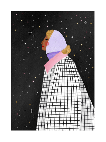 Illustration einer Frau in einem karierten Mantel, die in den Weltraum blickt, mit einem schwarzen Sternenhintergrund.