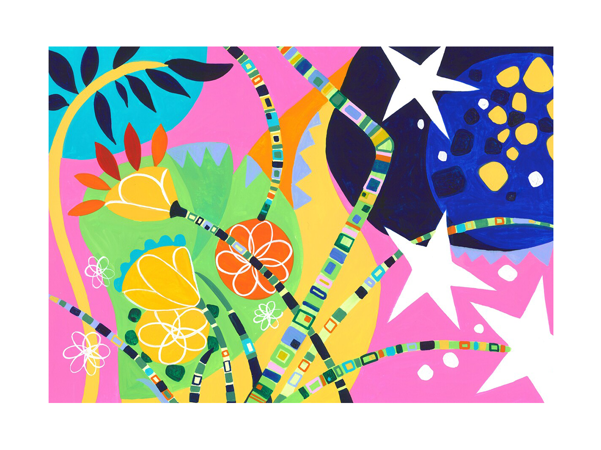 Florales Acrylgemälde mit bunten Blumen und geometrischen Formen vor einem rosa Himmel.