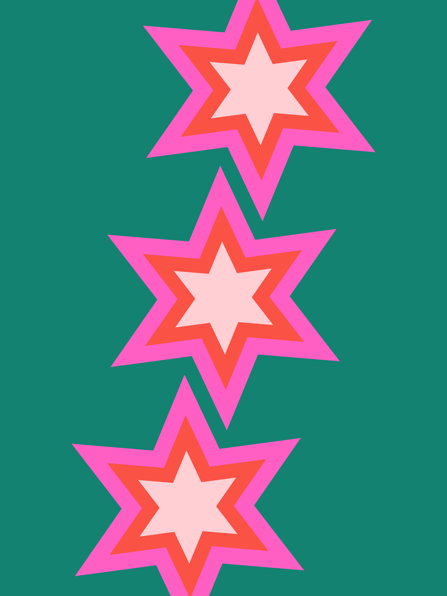 Drei Sterne in Rosa und Orange auf grünem Hintergrund.