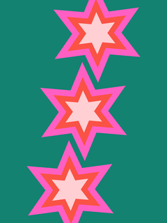 Drei Sterne in Rosa und Orange auf grünem Hintergrund.