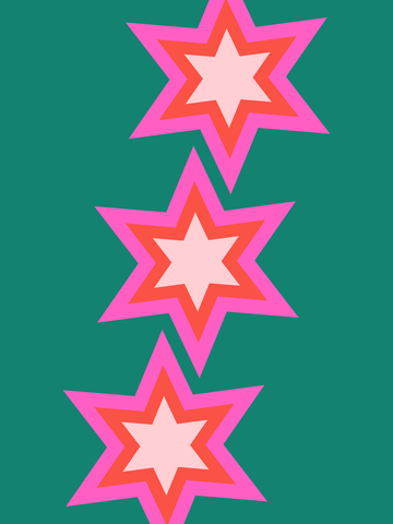 Drei Sterne in Rosa und Orange auf grünem Hintergrund.