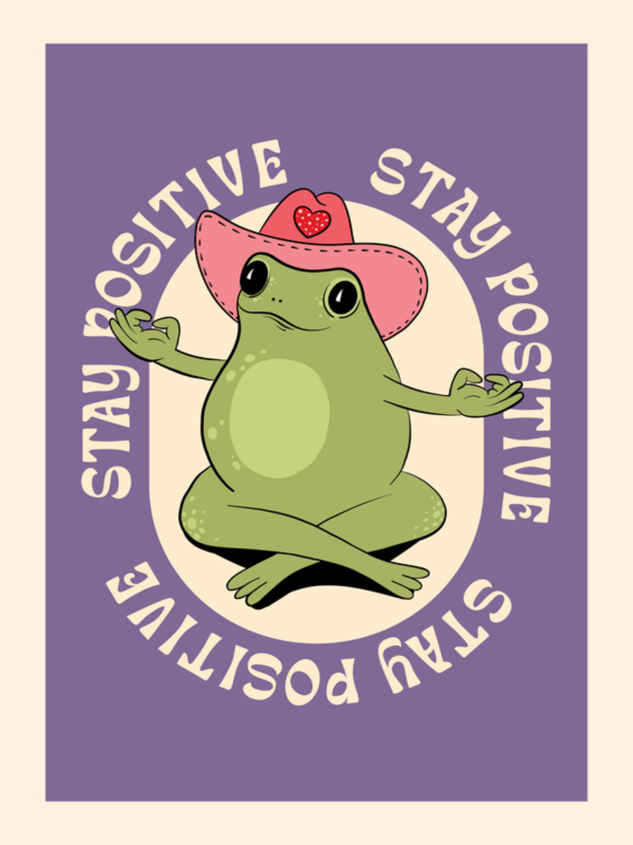 Illustration eines meditierenden grünen Frosches mit Hut und dem Text „Stay Positive“ auf lila Hintergrund.