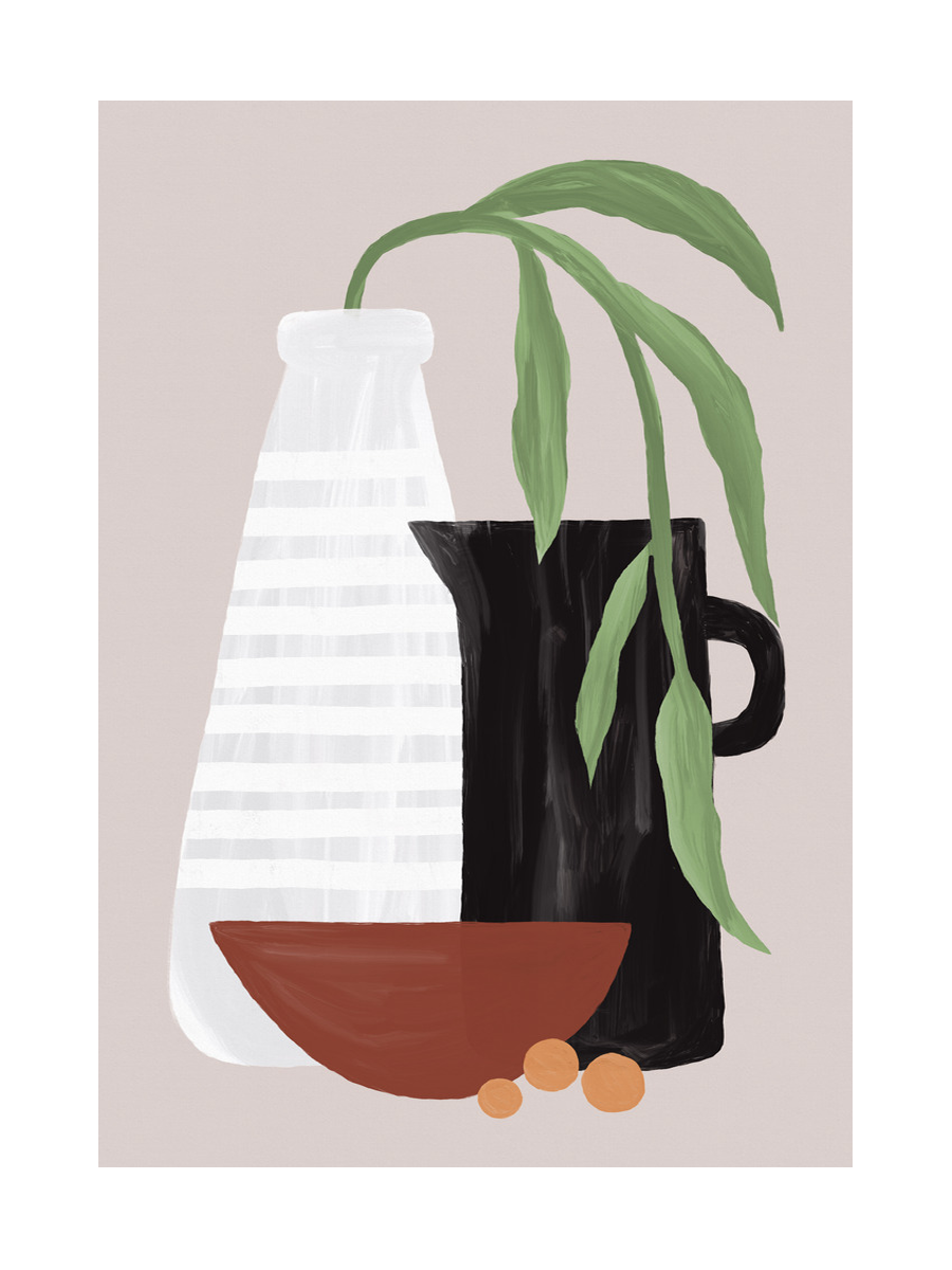 Illustration von Vasen und einer Schüssel mit grünen Blättern vor grauem Hintergrund.